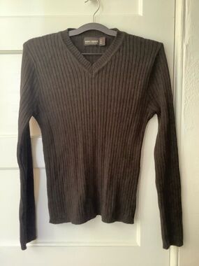 Zara Sport Men's M Italian Made V-neck Pullover Sweater Brown Ribbed, Slim Fit